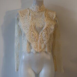 Womens Emma Way Ivory Lace Long Sleeve Mock Neck Crop Blouse Top 8